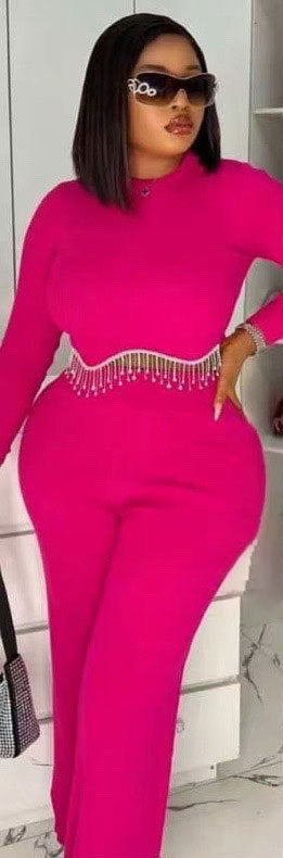 Women Patchwork Chain Round Neck Long Sleeve Top and Pants Two Piece 3