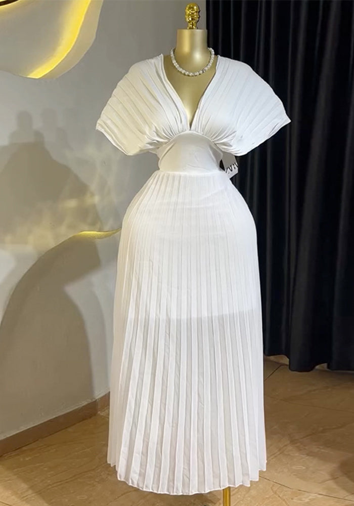 Women Spring Elegant Pleated V-Neck Bat Sleeves Dress