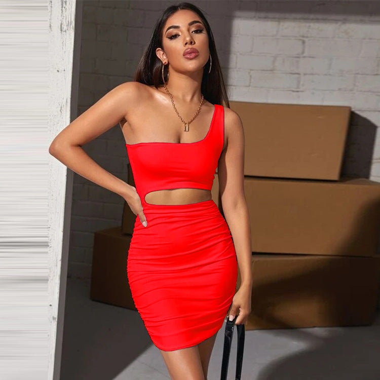 Women Sleeveless Slash Shoulder Hollow Pleated Sexy Bodycon Dress 17