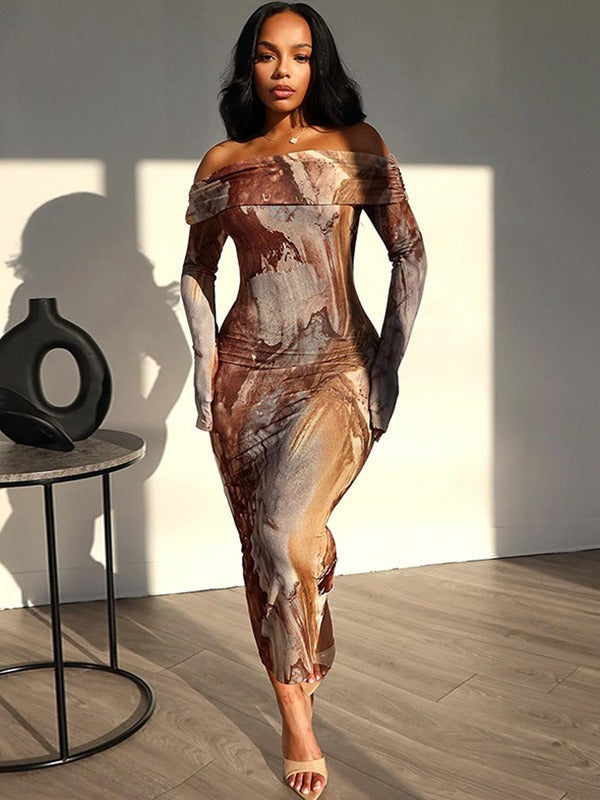 Women's Retro Fashion Print Sexy Off Shoulder Long Sleeve Trendy Dress 6