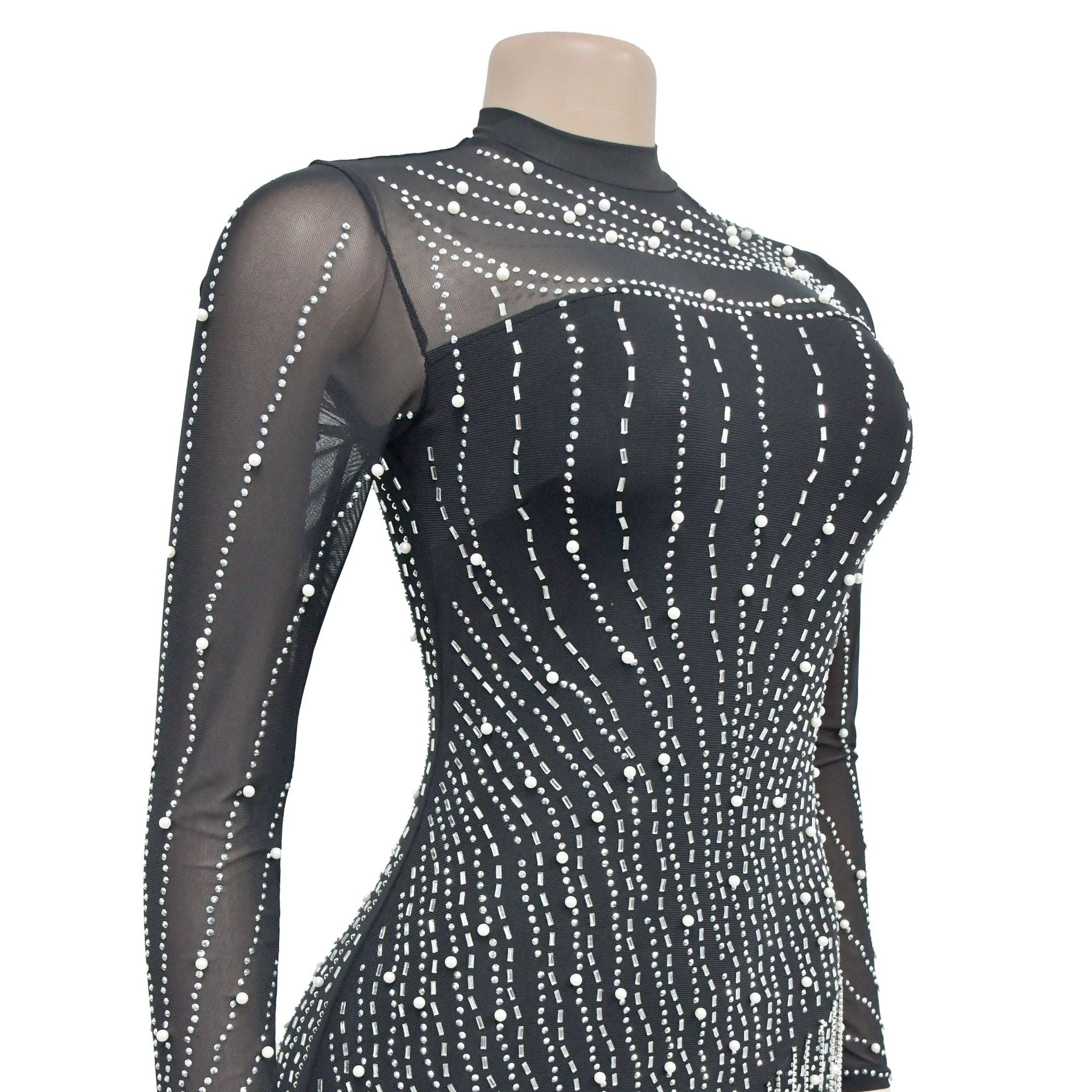 Fashion Ladies Long Sleeve Beaded Mesh See-Through Dress 12