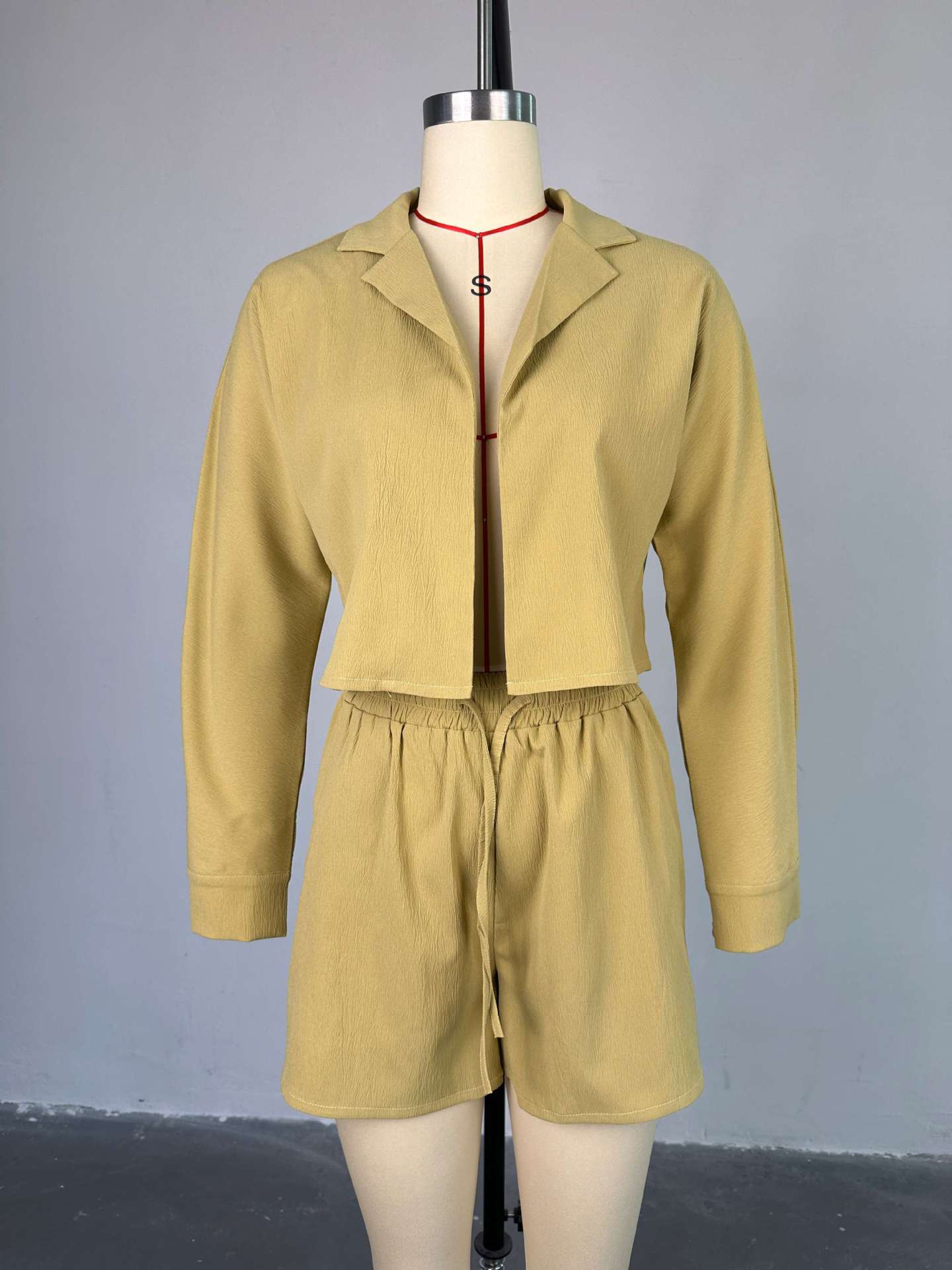 Women Summer Casual Turndown Collar long-sleeved shirt And drawstring shorts two-piece set 16