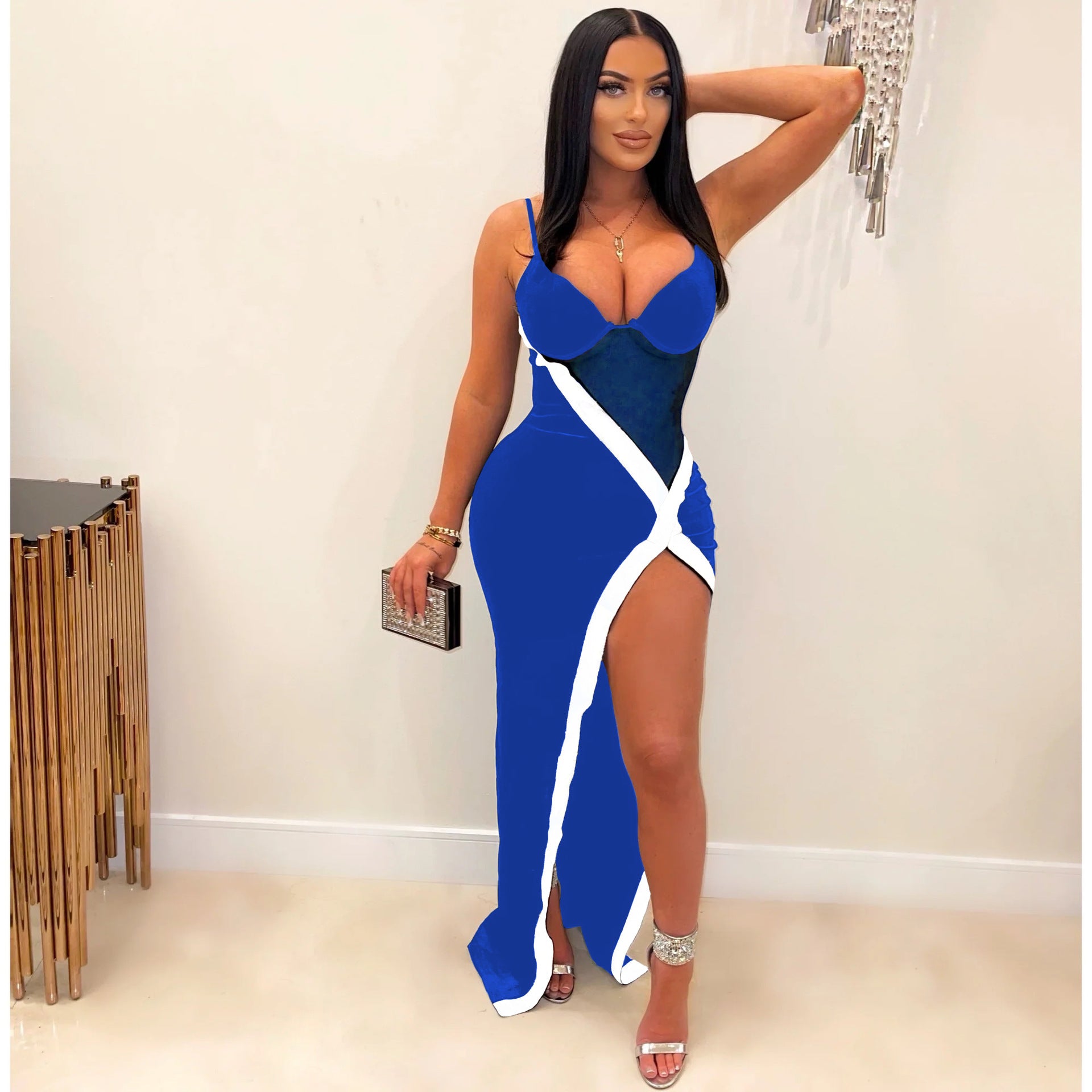 Women's Clothes Spring Summer Fashion Sexy Mesh Patchwork Suspender Irregular Slit Long Dress 4