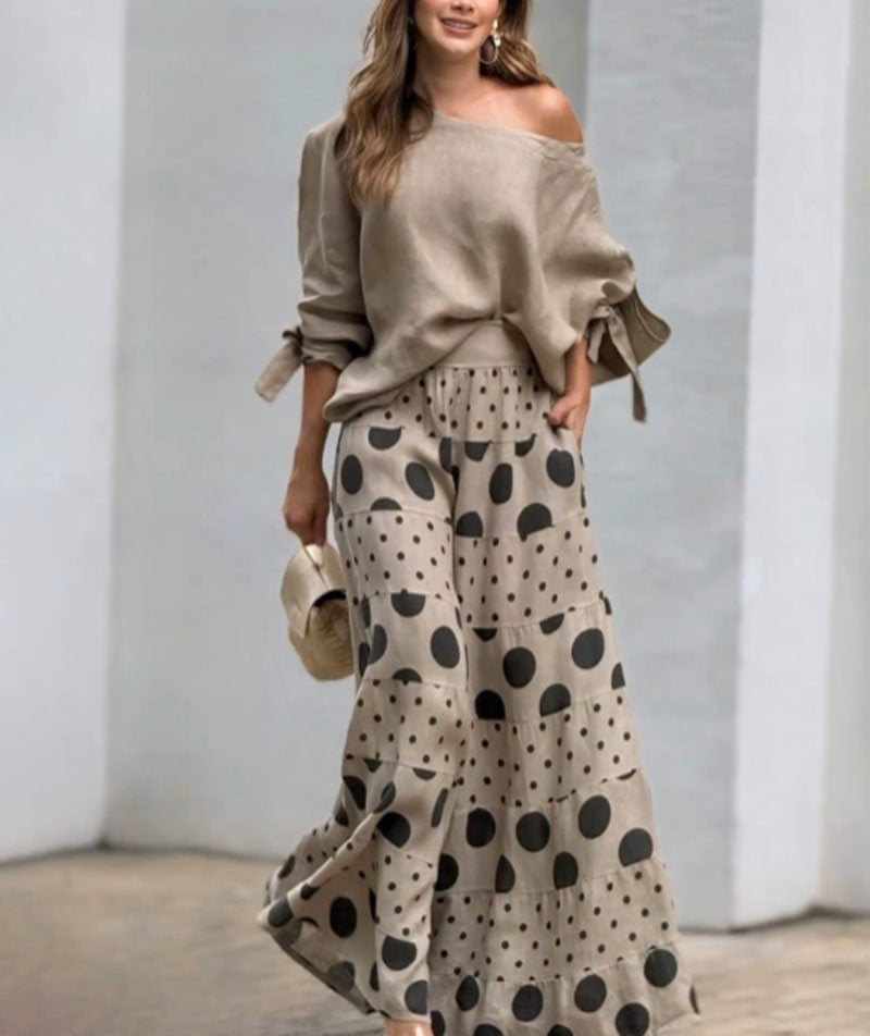 Women's Casual Slash Shoulder Top Printing Loose Pants Fashion 2-Piece Set