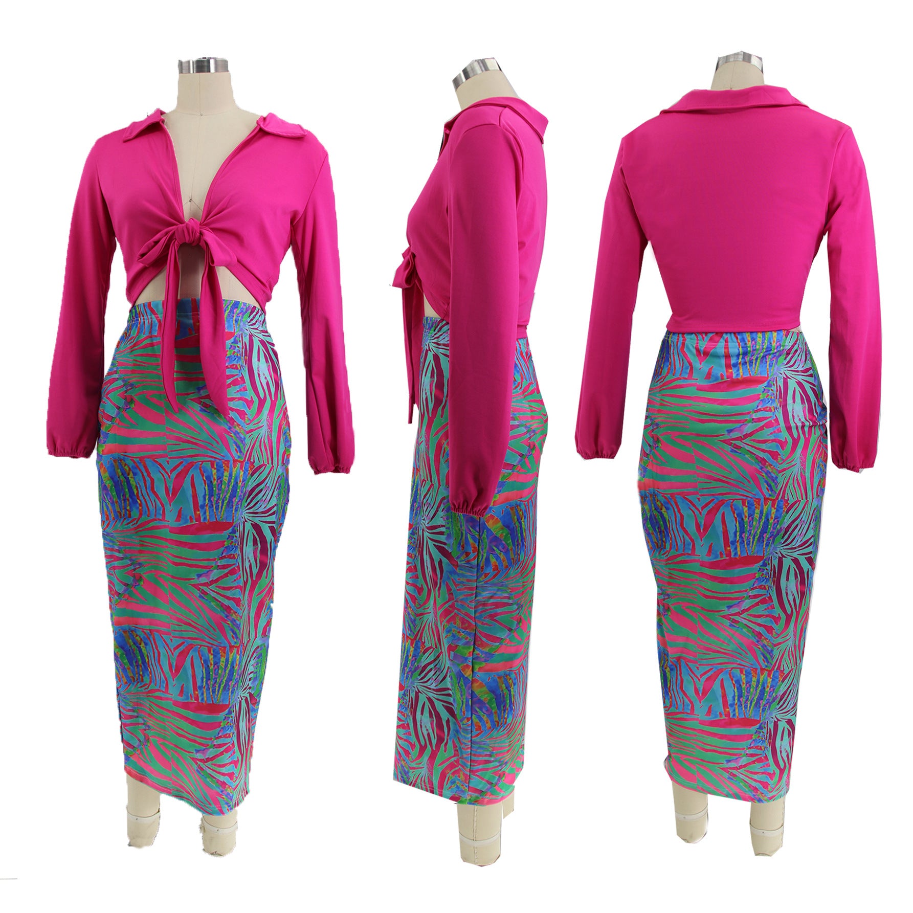Women'S Fashion Solid Long Sleeve Tied Shirt Multi-Color Print Bodycon Skirt Two-Piece Set 9