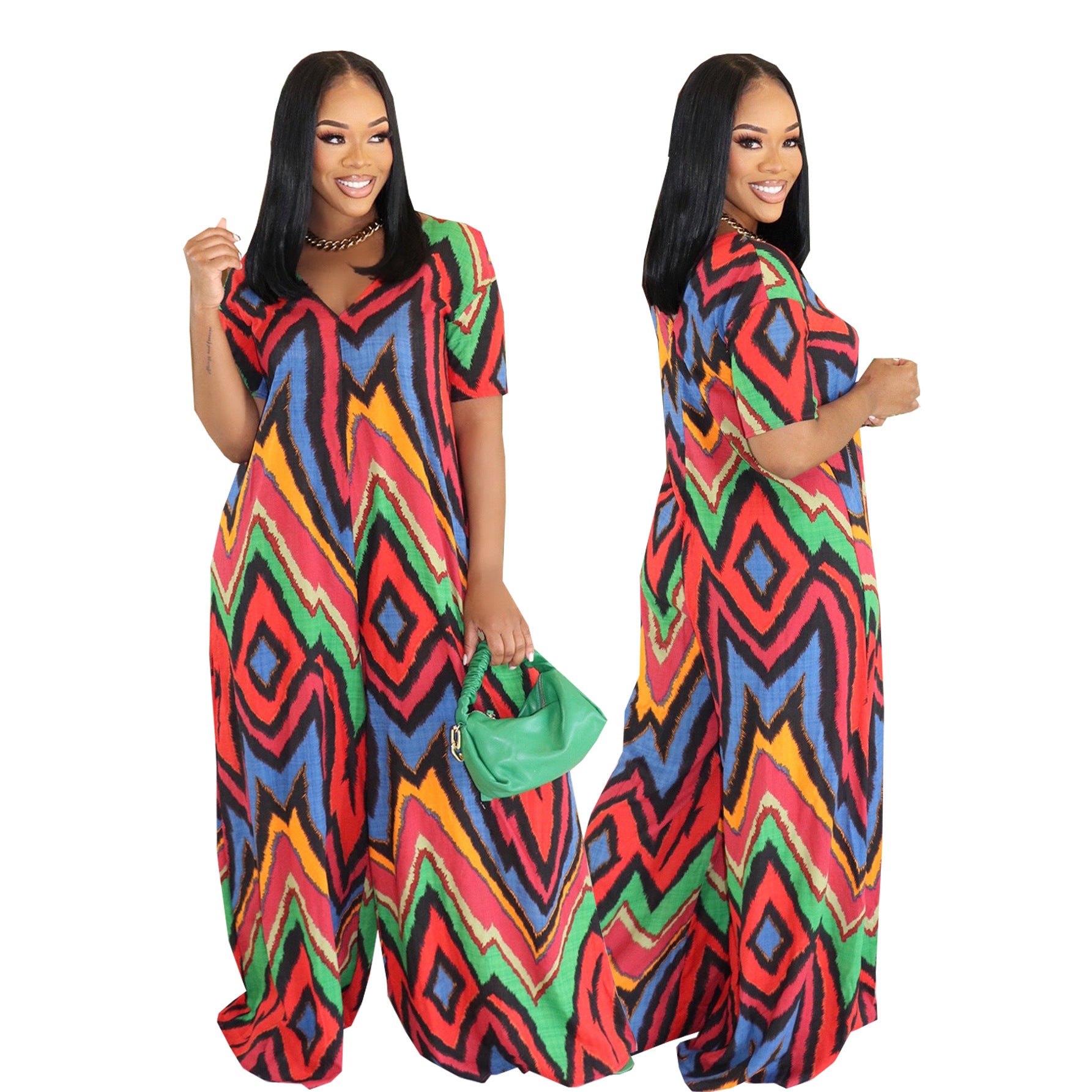 Women summer Casual Holidays contrast color printed V-neck wide-leg Jumpsuit 3