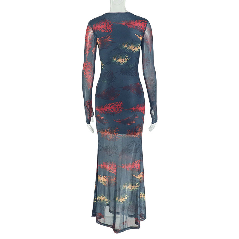 Women Printed Round Neck Long-Sleeved Bodycon Dress 6