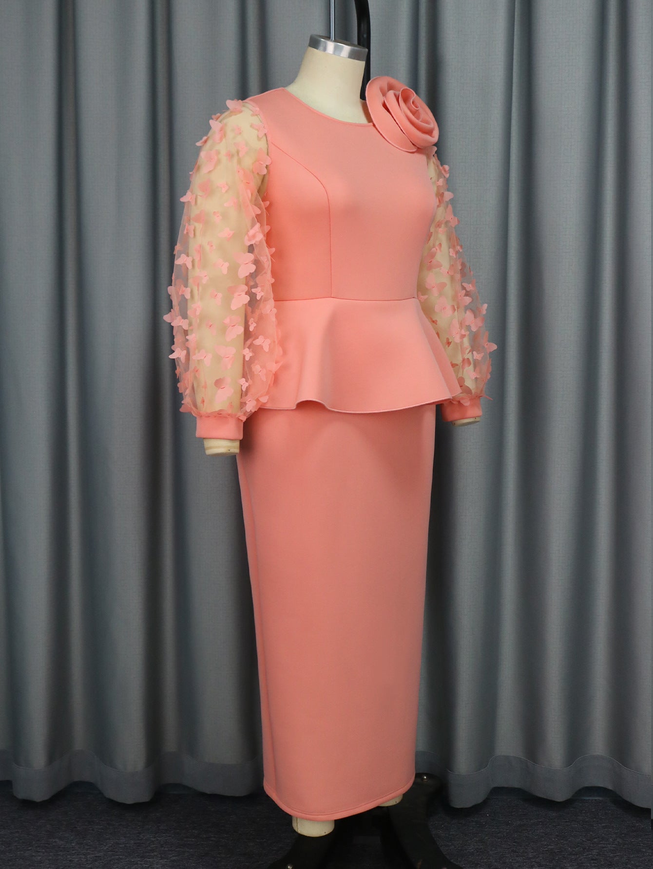 Women Formal Party Pink See-Through Sleeve Dress 5