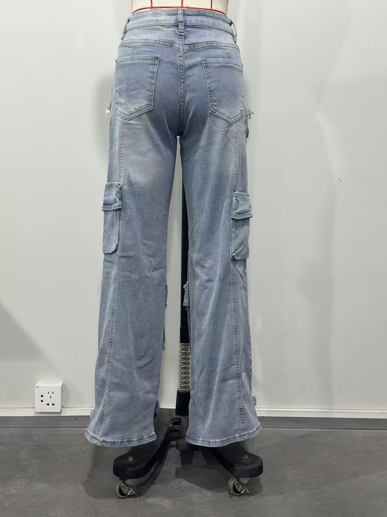 Fashionable Women's Multi-Pocket Cut Out Diamond Denim Pants 16