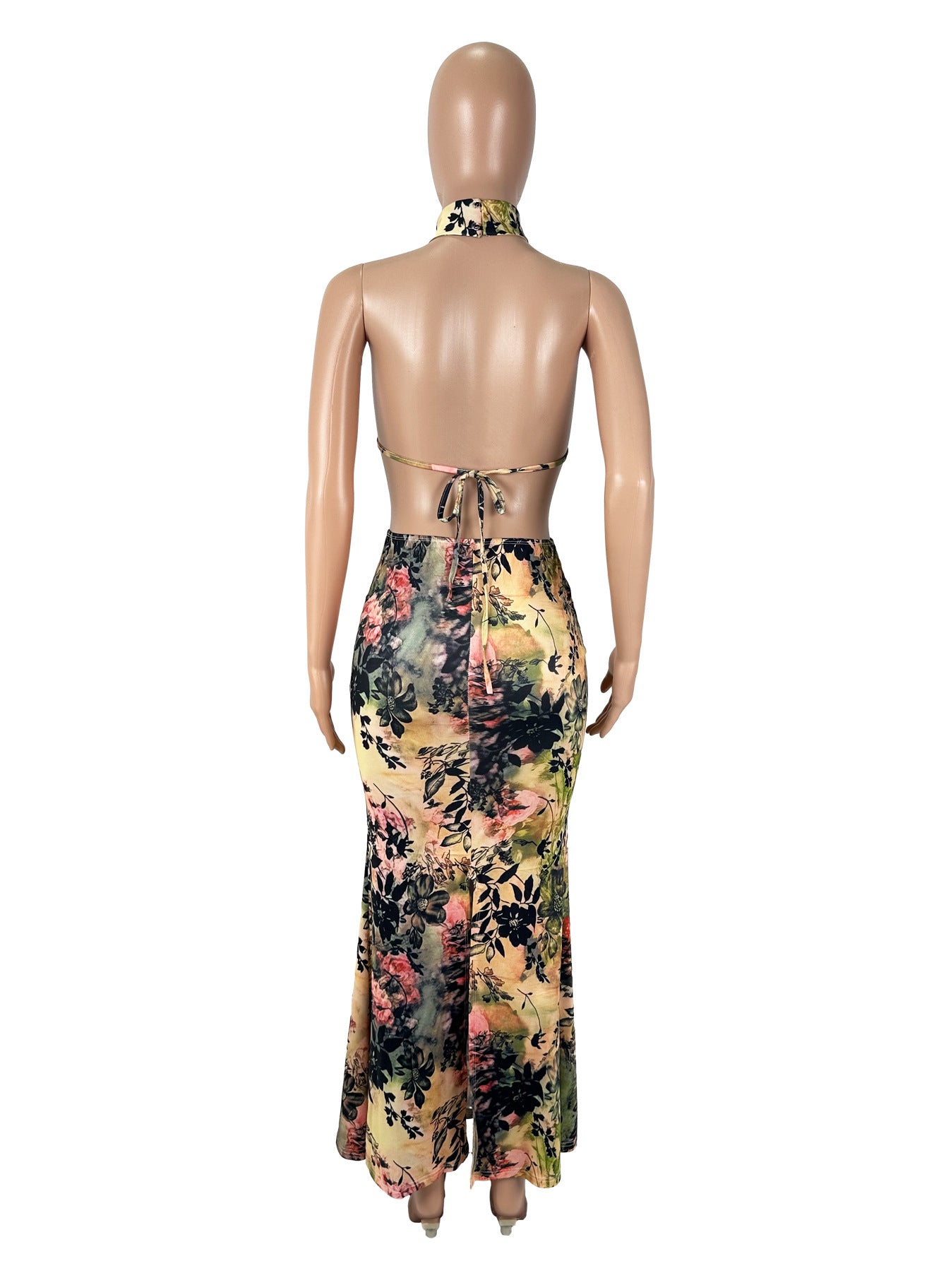 Women's Sexy Low-Back Halter Neck Top Slit Bodycon Skirt Set 6