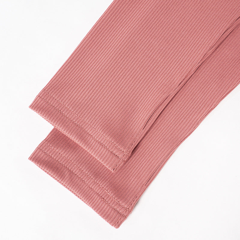 Women's Autumn and Winter Solid Color Tight Fitting Long Sleeve Top Slit Pants Casual Set 19