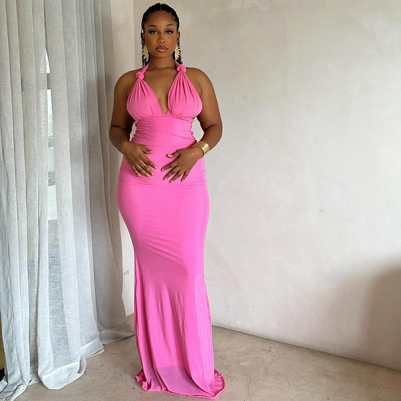 Women pleated solid V-neck backless bodycon dress 3