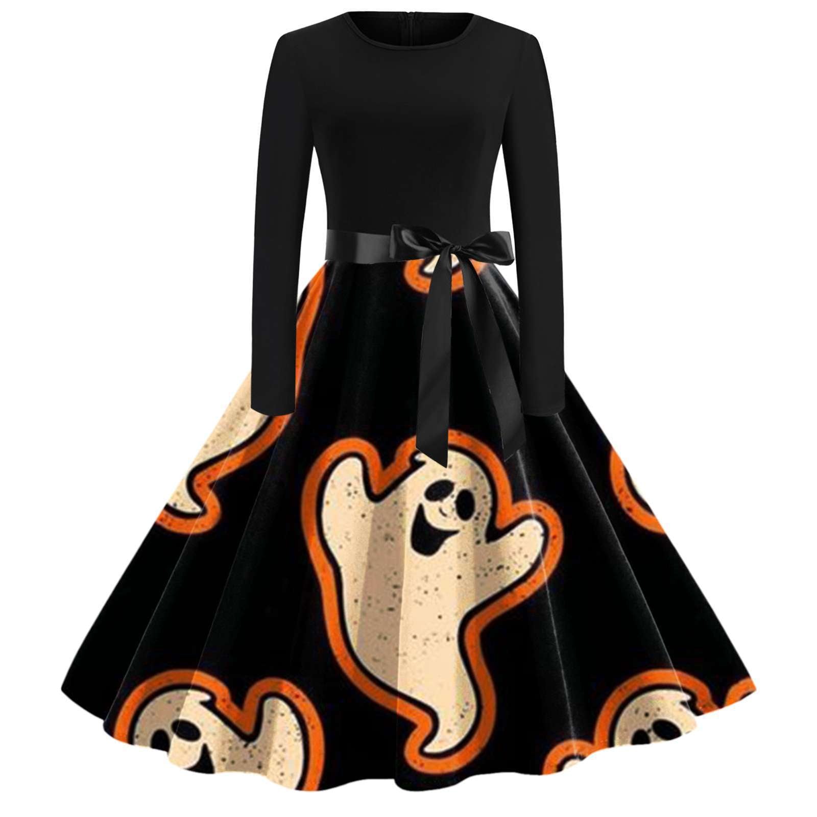Women Halloween Long-Sleeved Round Neck Dress with Bow 7