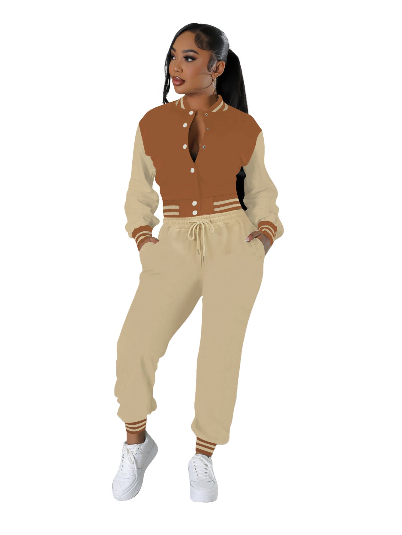 Women Patchwork Baseball Jacket and Pants Two-piece Set 8