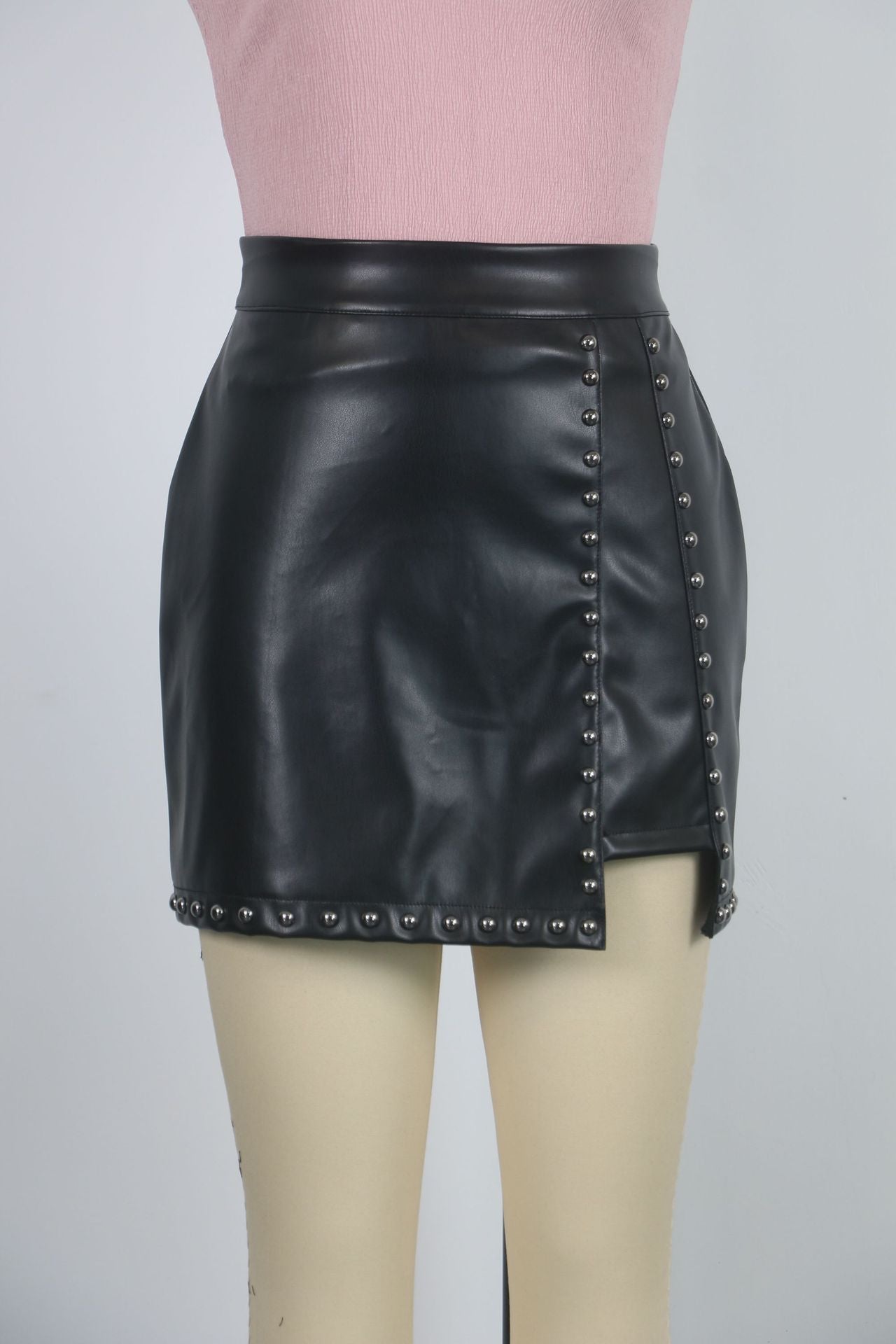 Women Beaded Pu Leather Bodycon Zipper Sexy Mini Dress 6