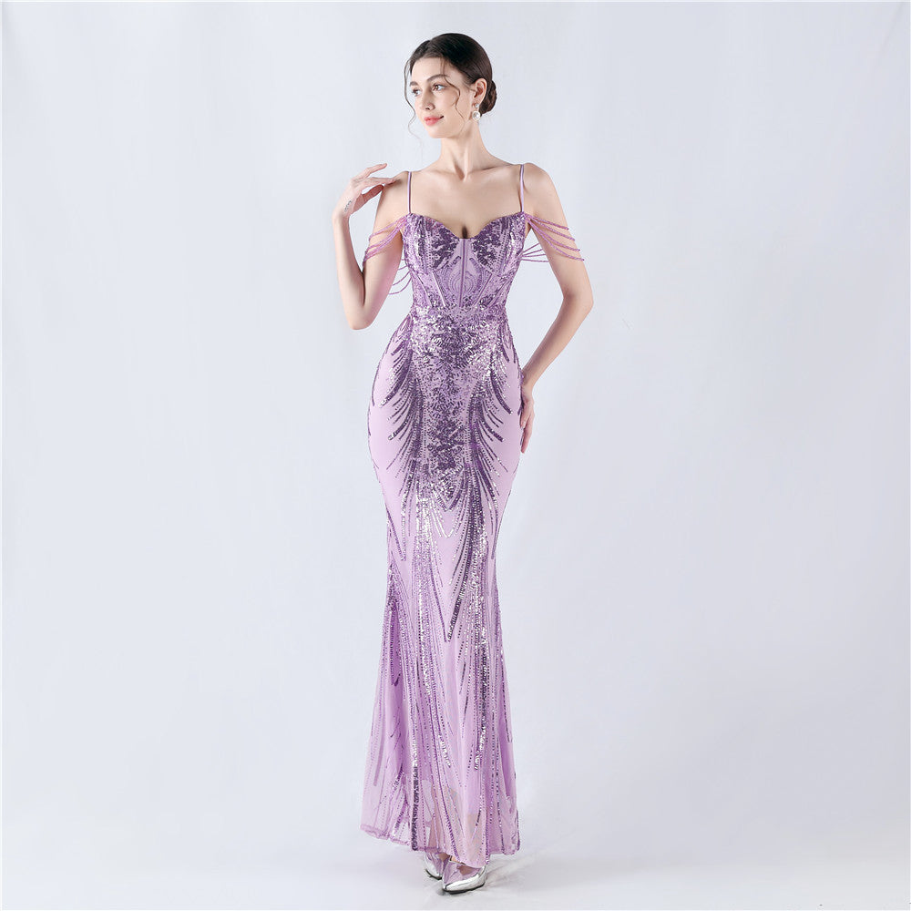Fishbone Slim Waist Sexy Rhinestone Chain Strap Evening Dress 6