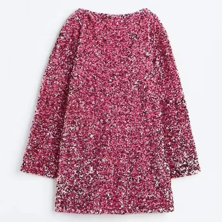Autumn And Winter Women 's Round Neck Long Sleeve Loose Plus Size Sexy Sequin Short Dress 11