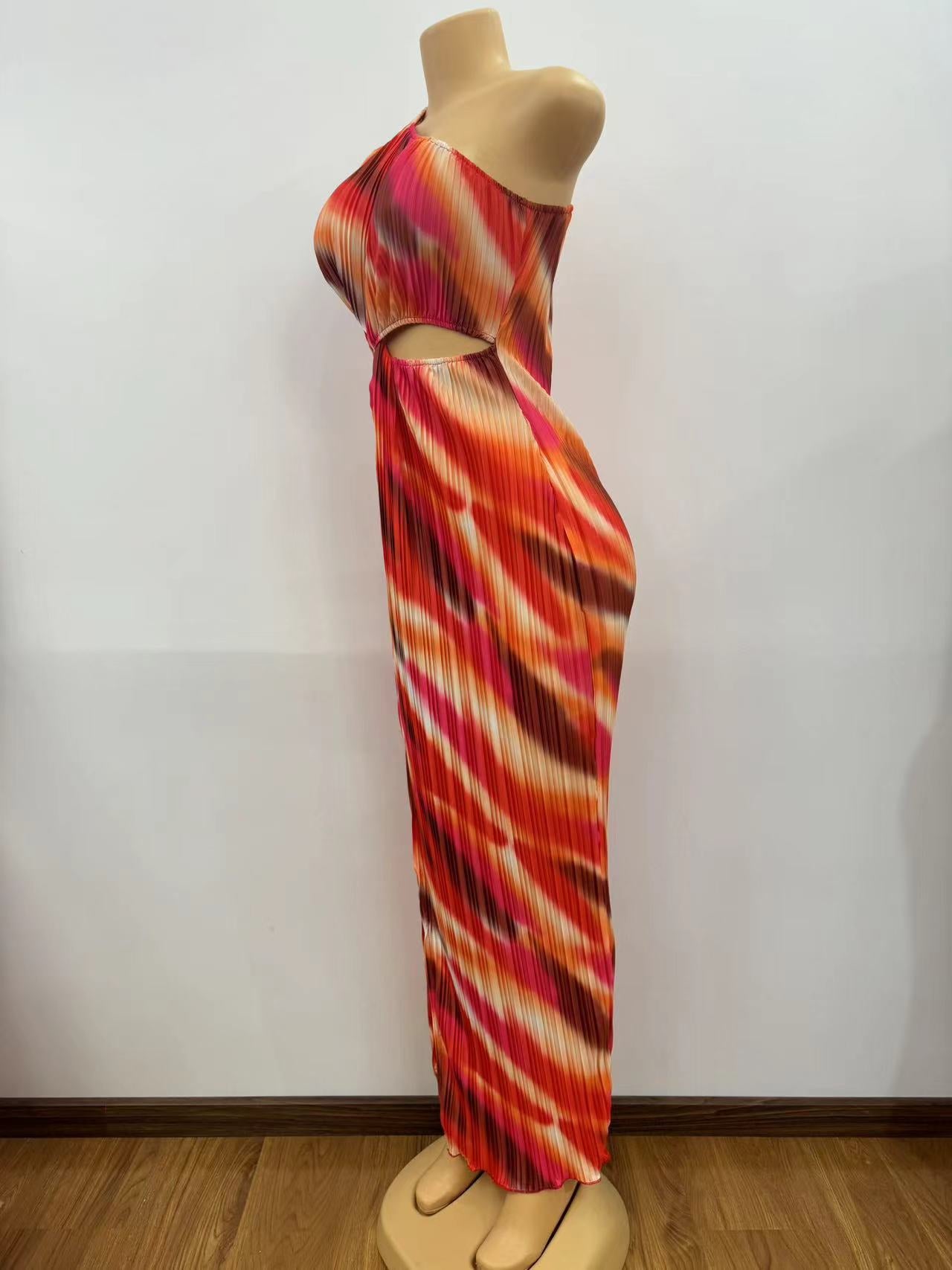 Summer Women Slash Shoulder hollow print slit bodycon dress 5