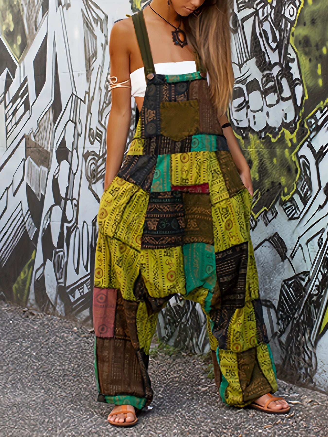 Women hippie patchwork print sleeveless jumpsuit