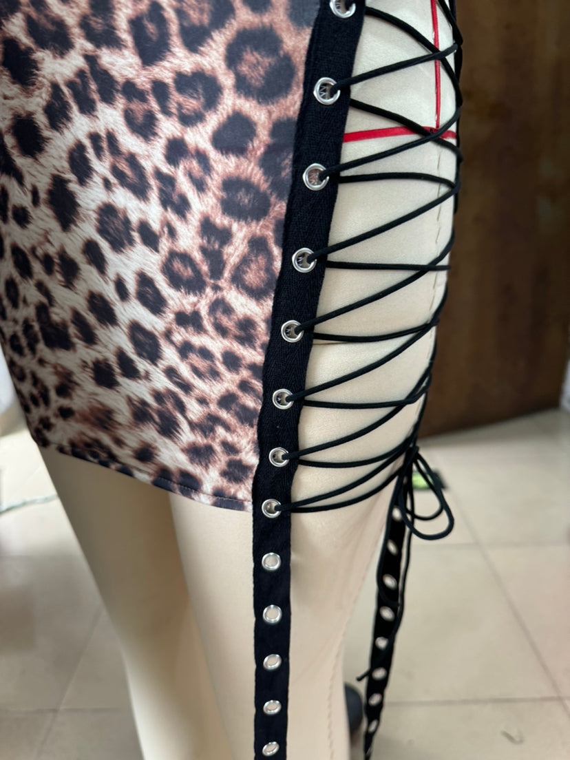 Fashion Print Slash-Shoulder Lace-Up Bodycon Dress 7