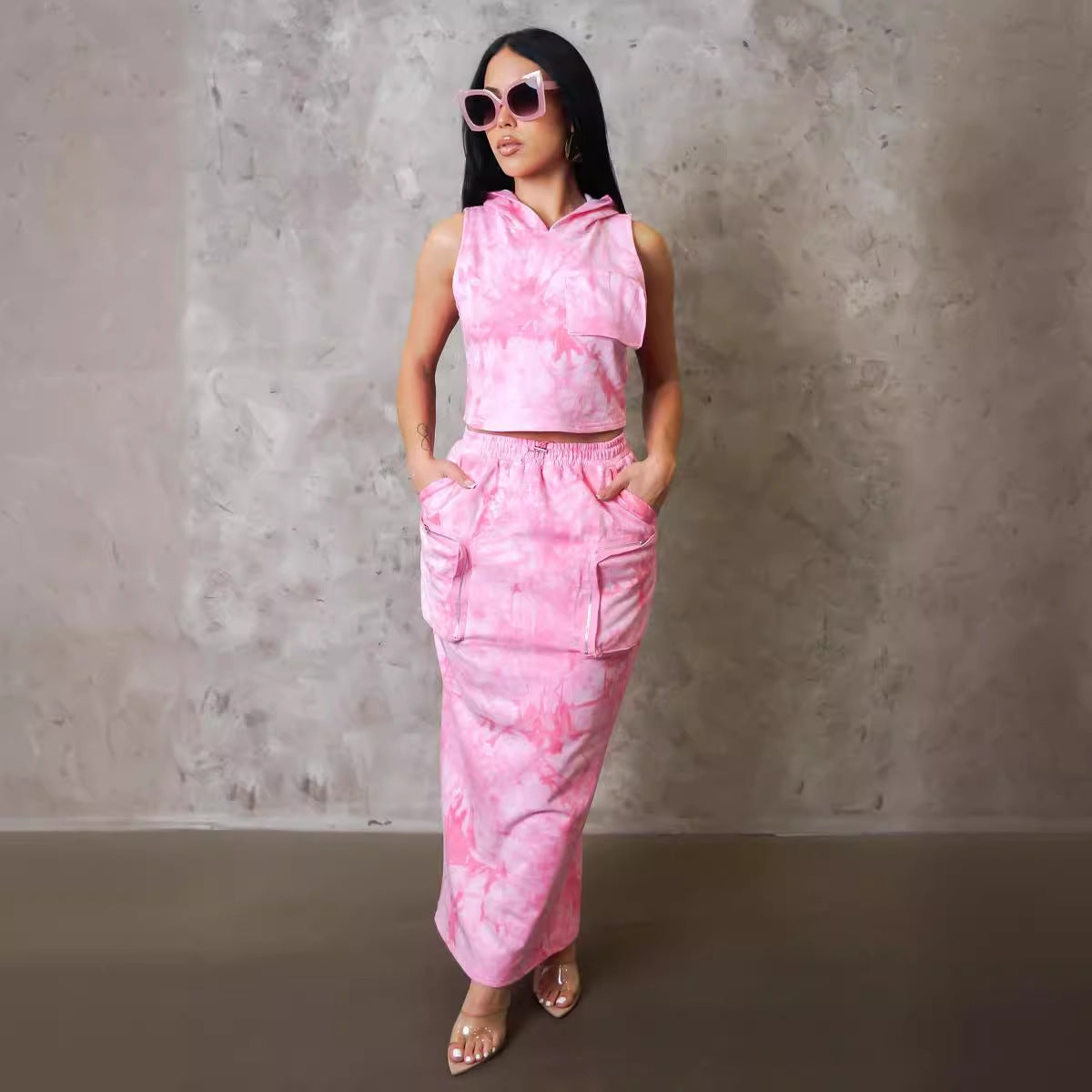 Sexy Loose Printed Hooded Sleeveless Tank Top Cargo Pocket Slit Skirt Set 5