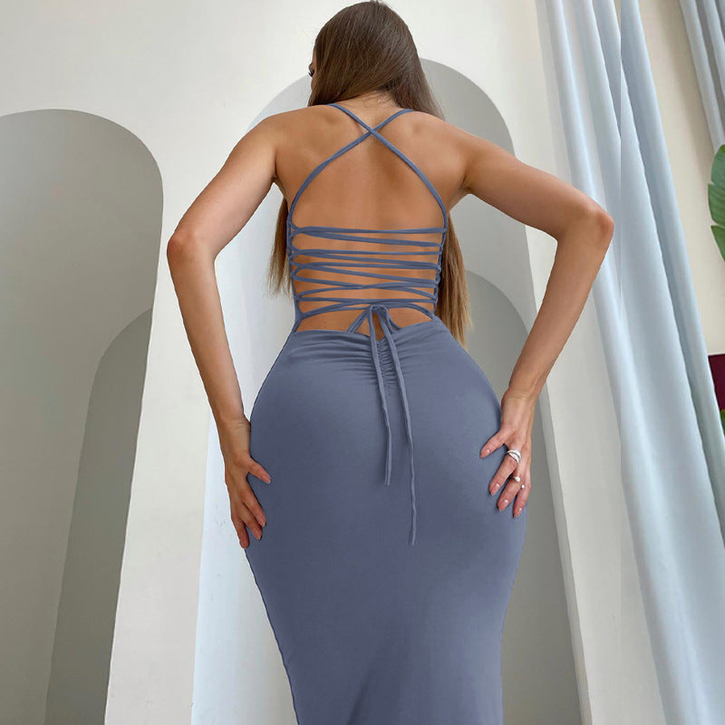 Women Spring Summer Sexy Backless Lace-Up Solid Dress 4