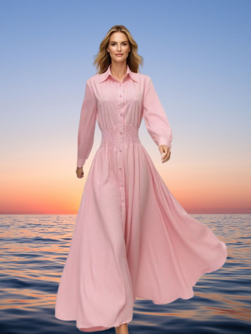 Striped Turndown Collar Long-Sleeve Button Slim Waist A-Line Gown