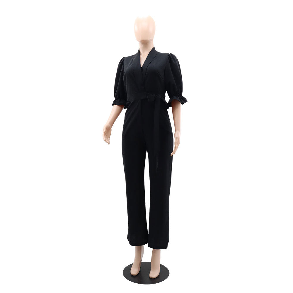 Chic Deep V High Waist Tie Career Women's Jumpsuit 5