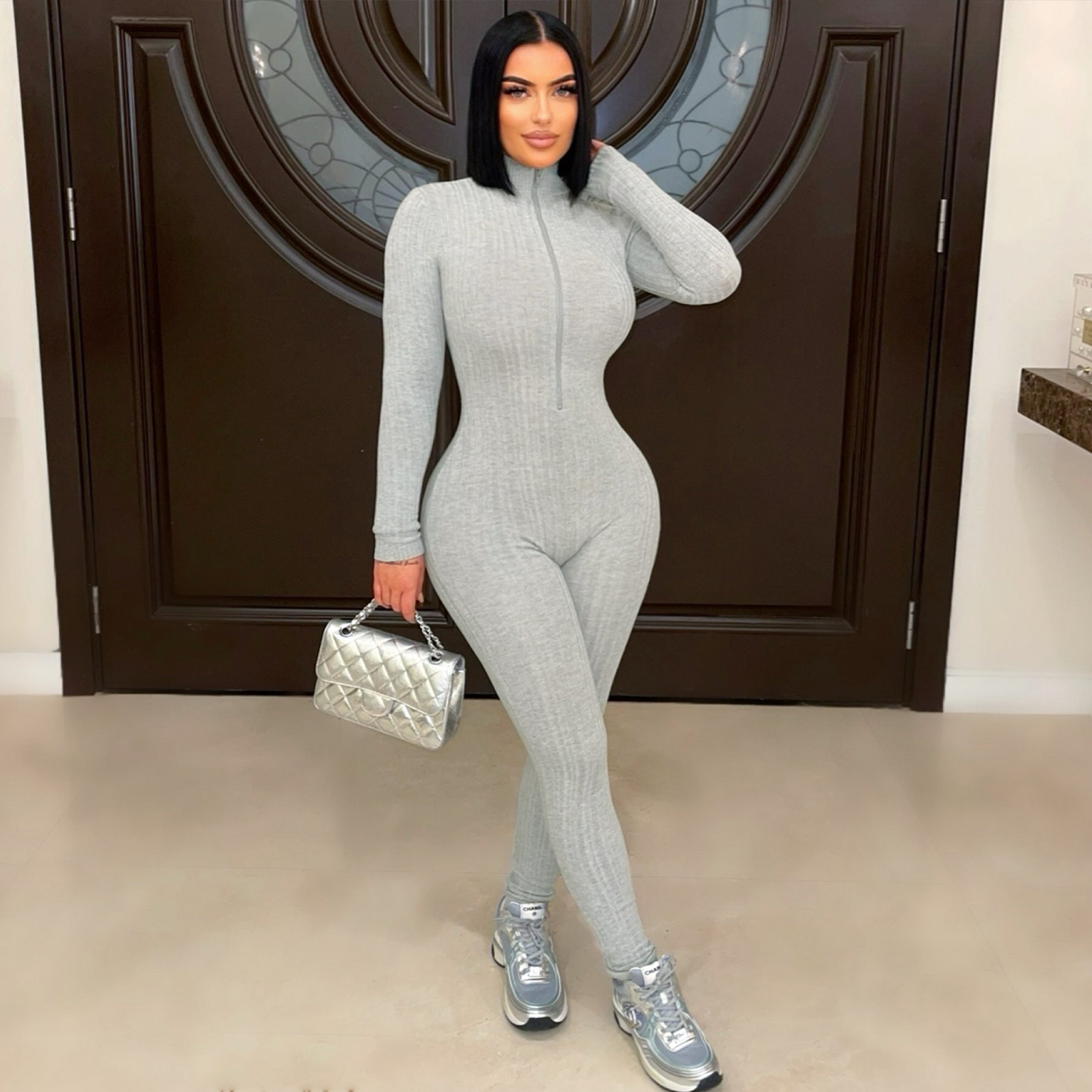 Women's Slim Fit Jumpsuit High Stretch Knitting Long Sleeve Stand Collar Zipper Casual Sporty Romper 8