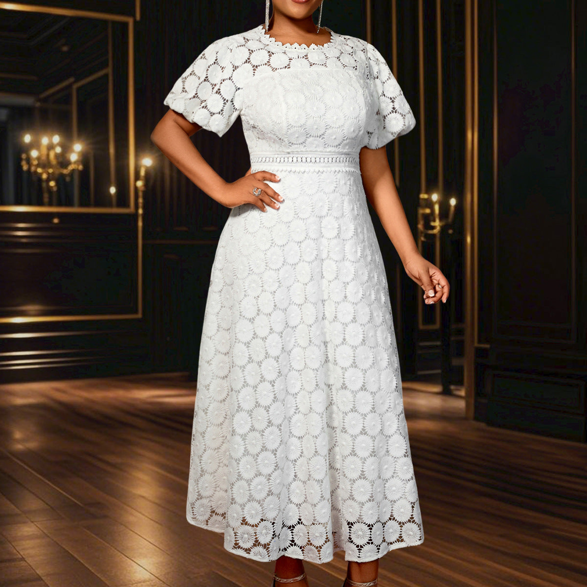 Africa Plus Size Round Neck Lace Puff Sleeve High Waist A-Line Formal Party Evening Gown 7