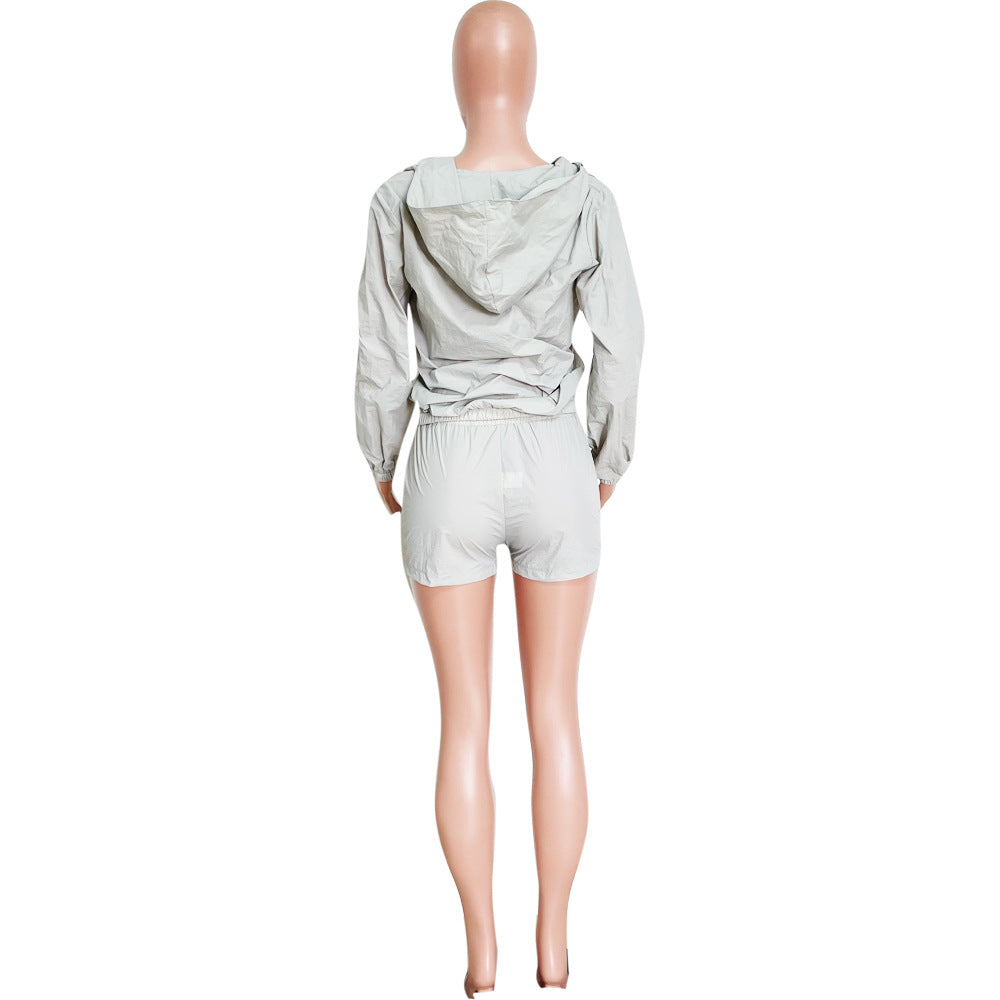 Women's Fashionable casual long sleeve sun protection Hooded Top and Shorts set 17