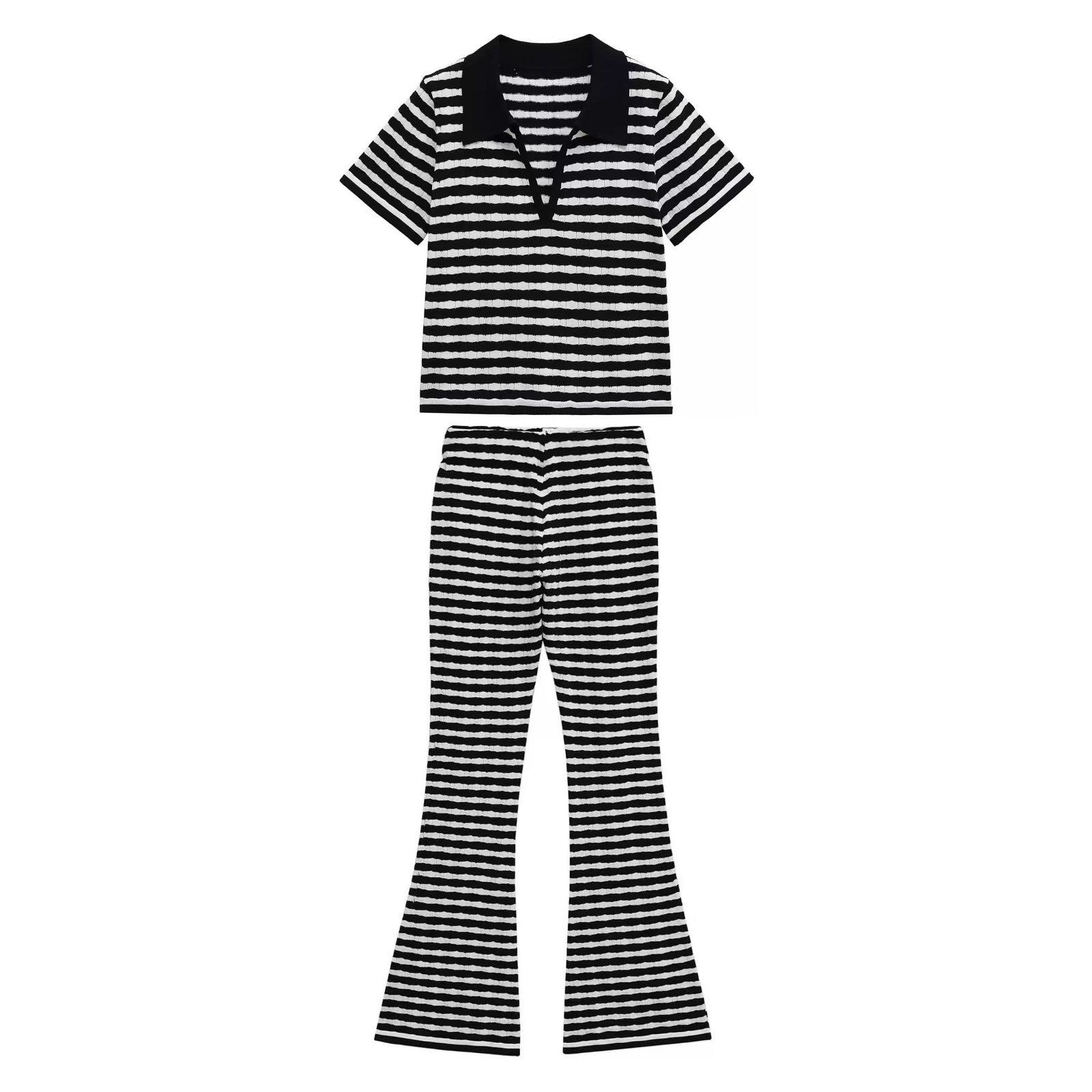 Fashion Turndown Collar Shirt & Striped Bell-Bottom Pants Summer Knit Set 28