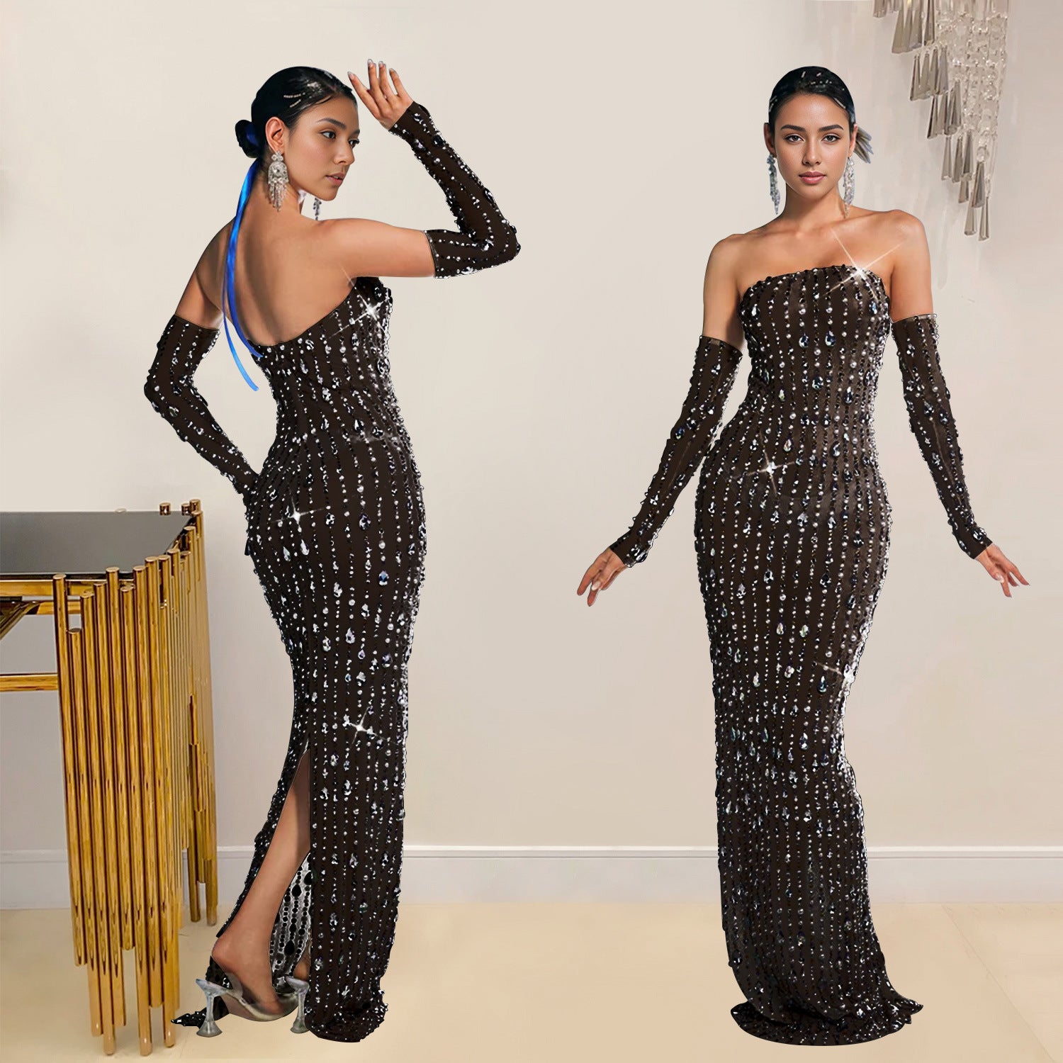 Fashion Women's Clothing Beaded Rhinestone Strapless Sexy See Through Nightclub Long Dress 6