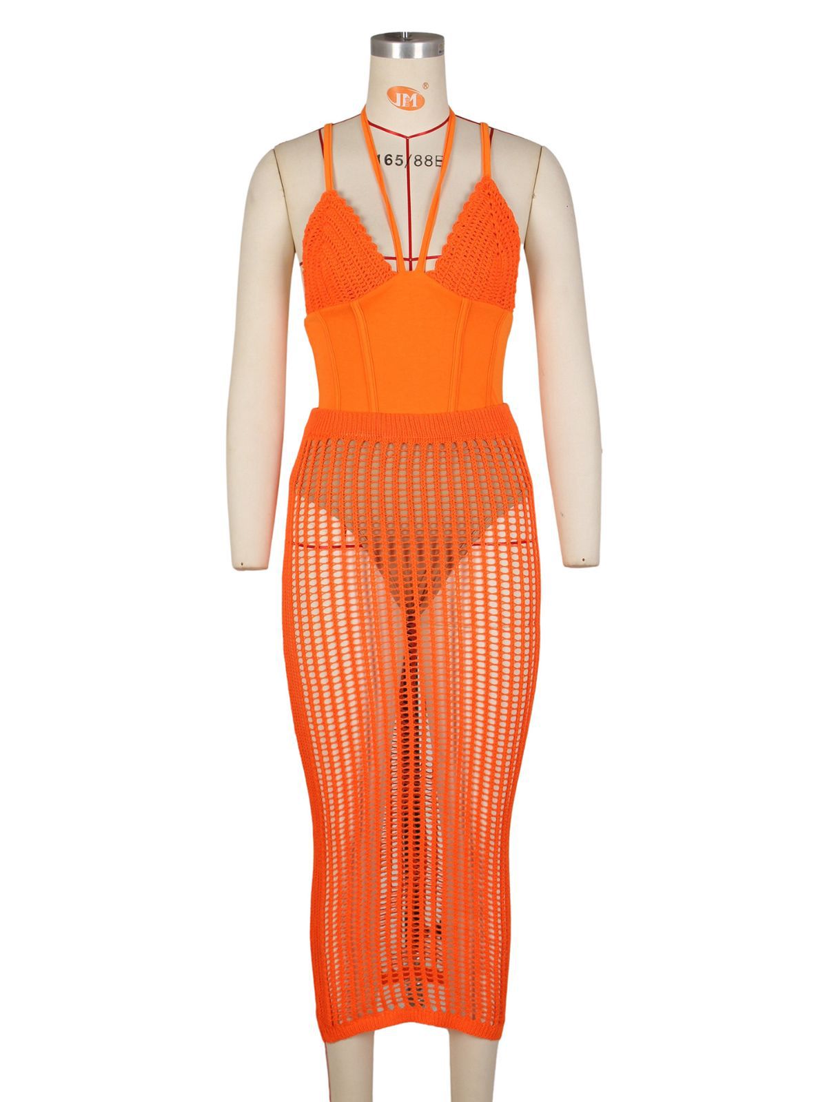 Summer Women's Fashion Sexy Straps Backless One-Piece Bodysuit Top Hollow Knitting Skirt Two Piece Set 8