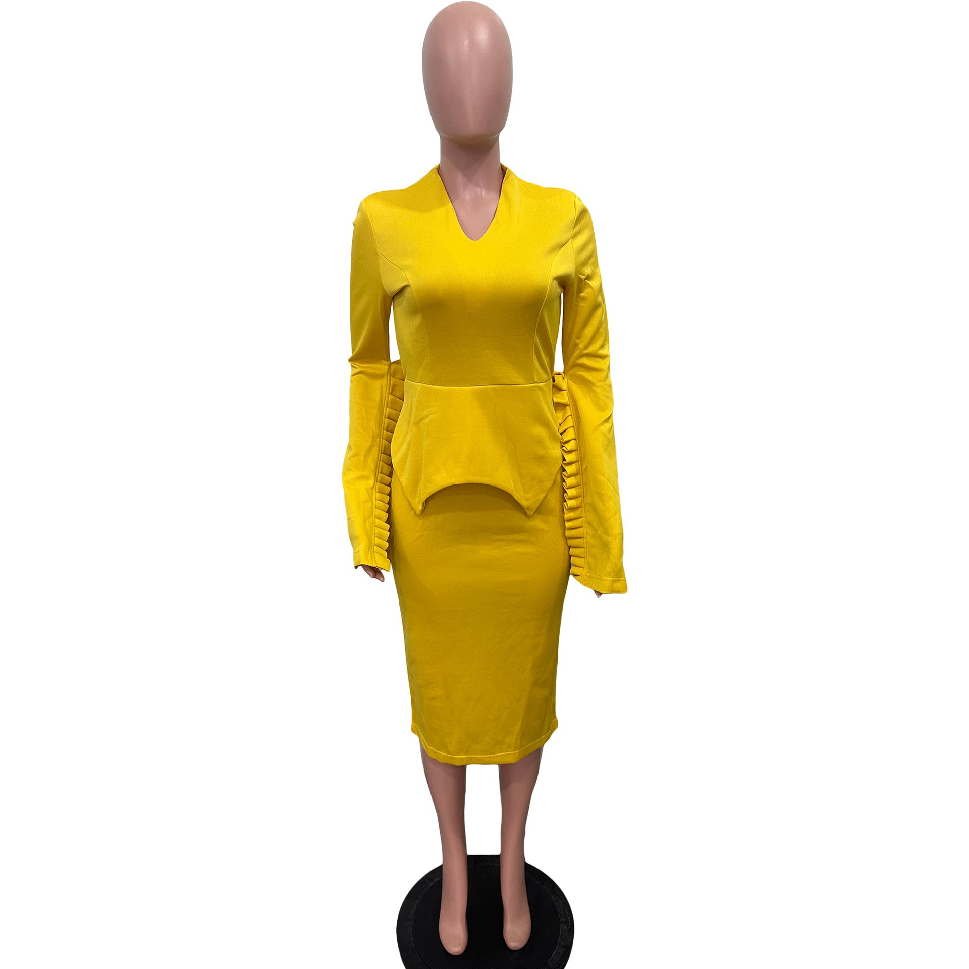 Women Solid Pleated Swing Sleeve V-Neck Dress 8