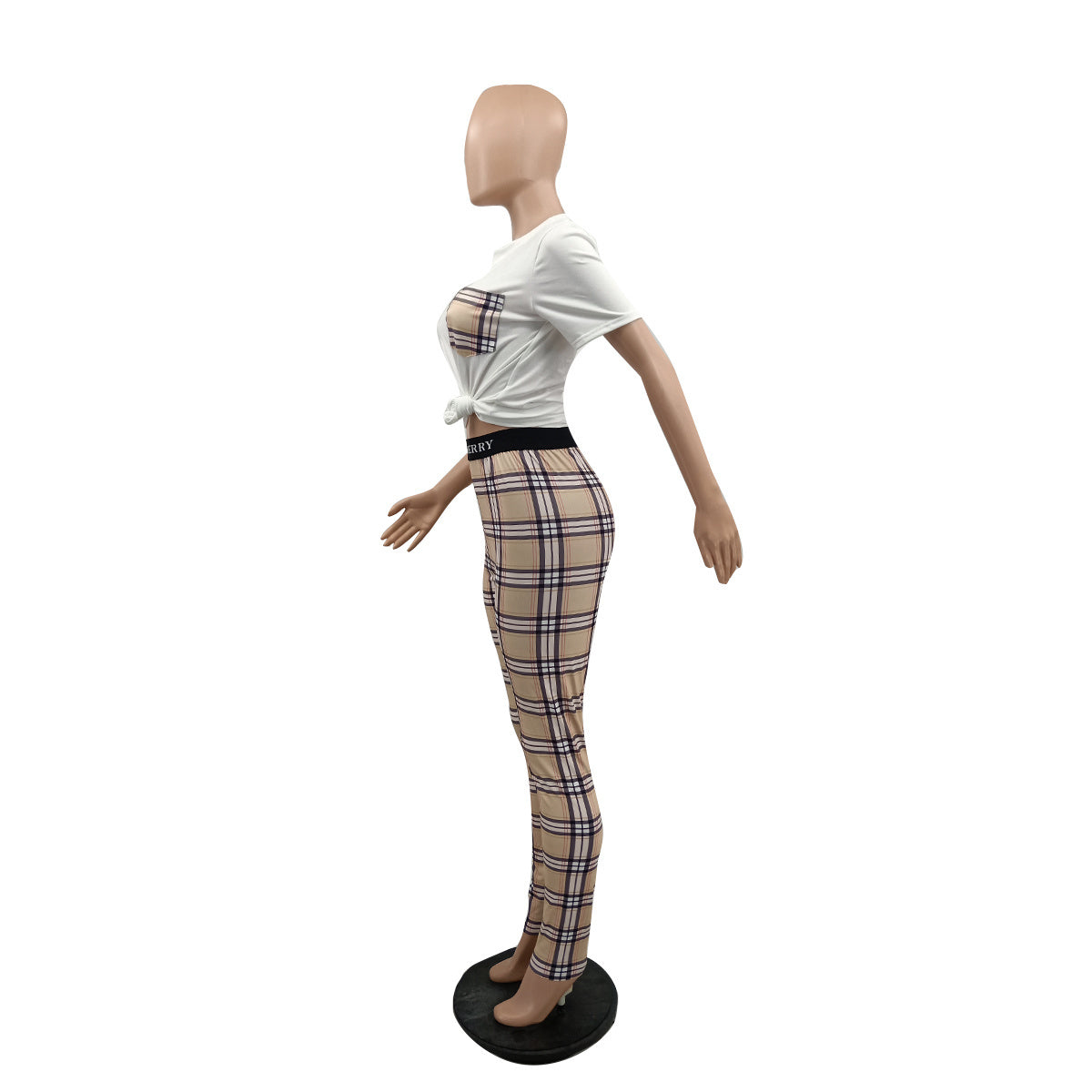 Women's Fashion Casual Striped Checkered Patchwork Pocket Two-Piece Pants Set 4