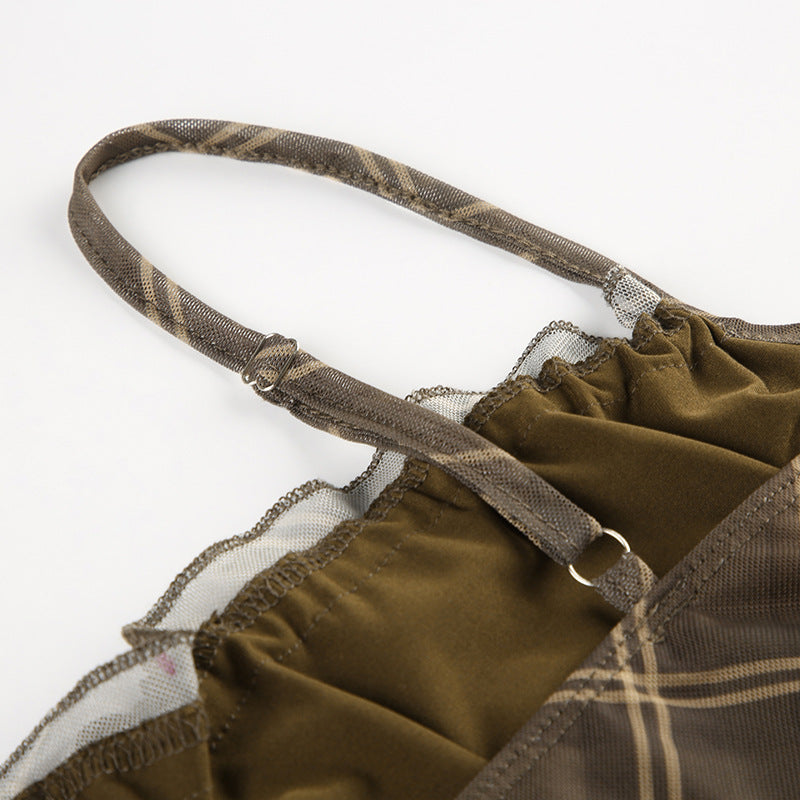 Plaid Mesh Patchwork  Strap Mini Dress 16