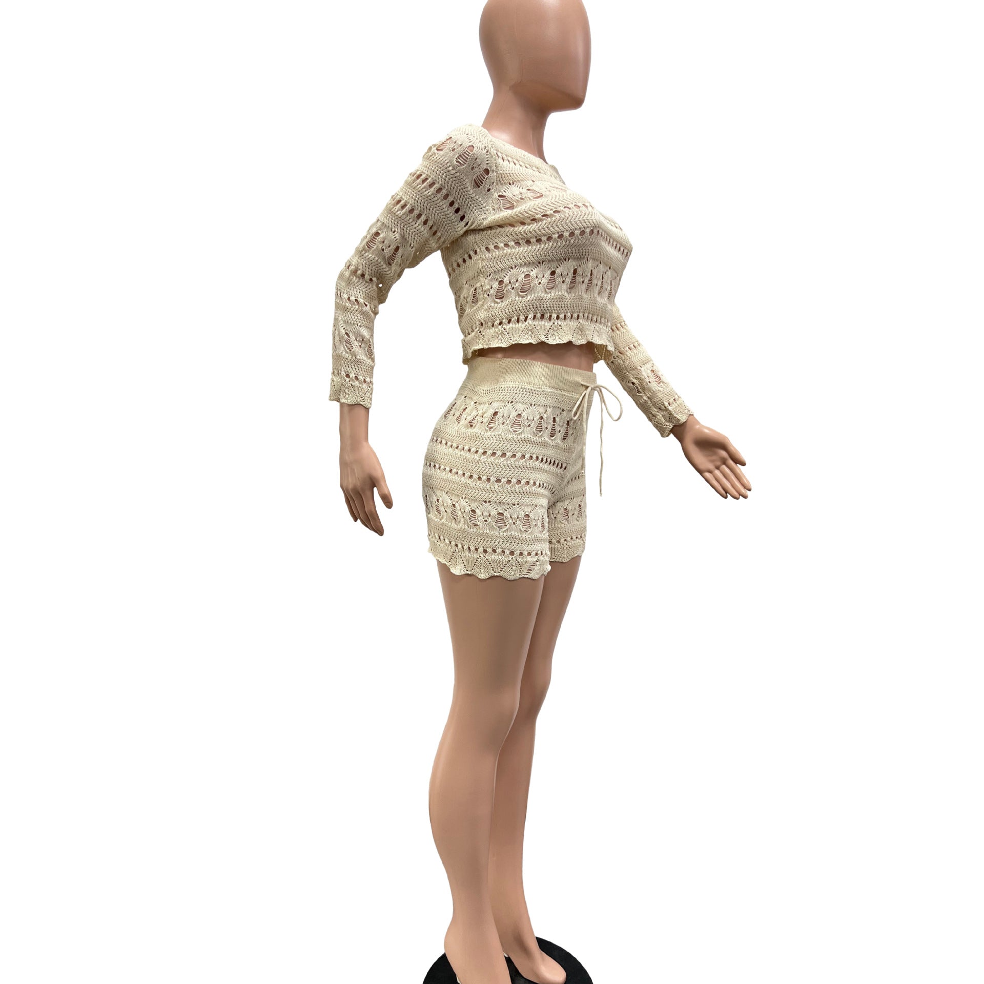 Women's Casual Fashion Round-Neck Crochet Hollow Long Sleeve Knitting Two Piece Shorts Set 12