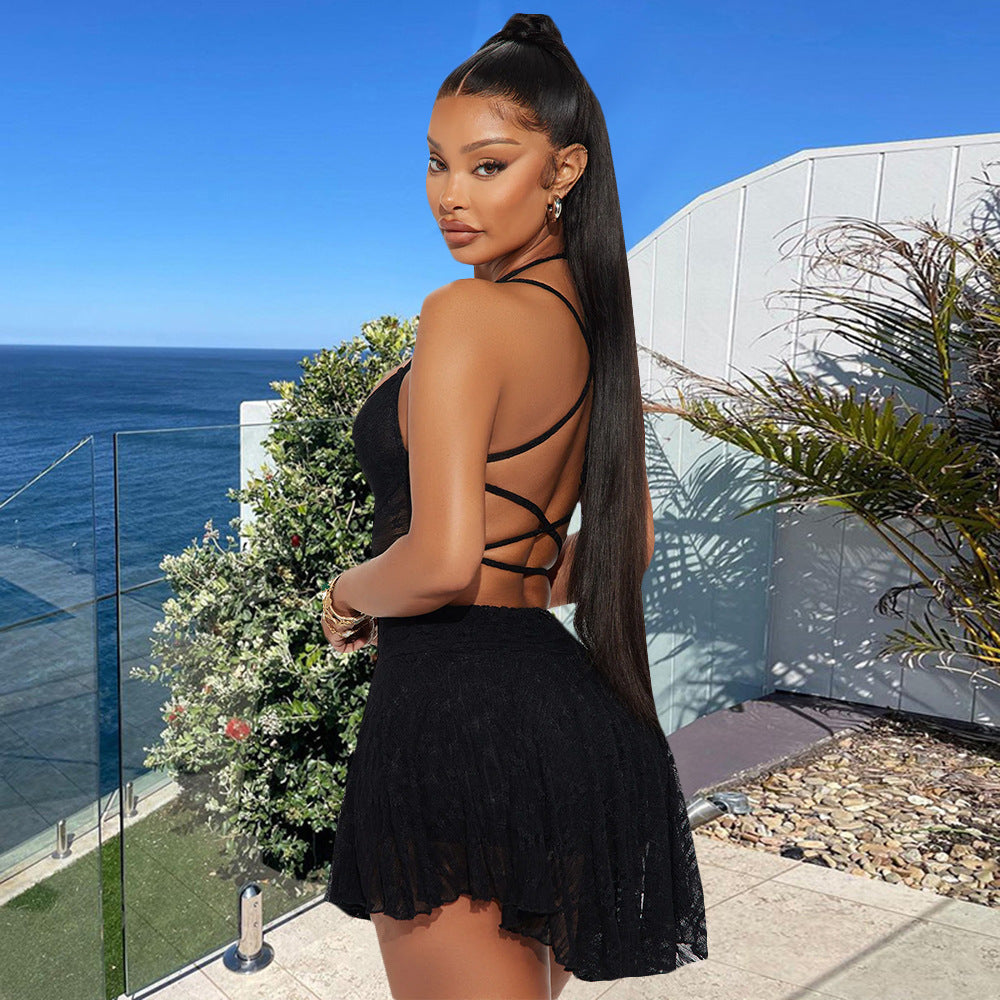 Women sexy lace Halter Neck Backless princess dress 6