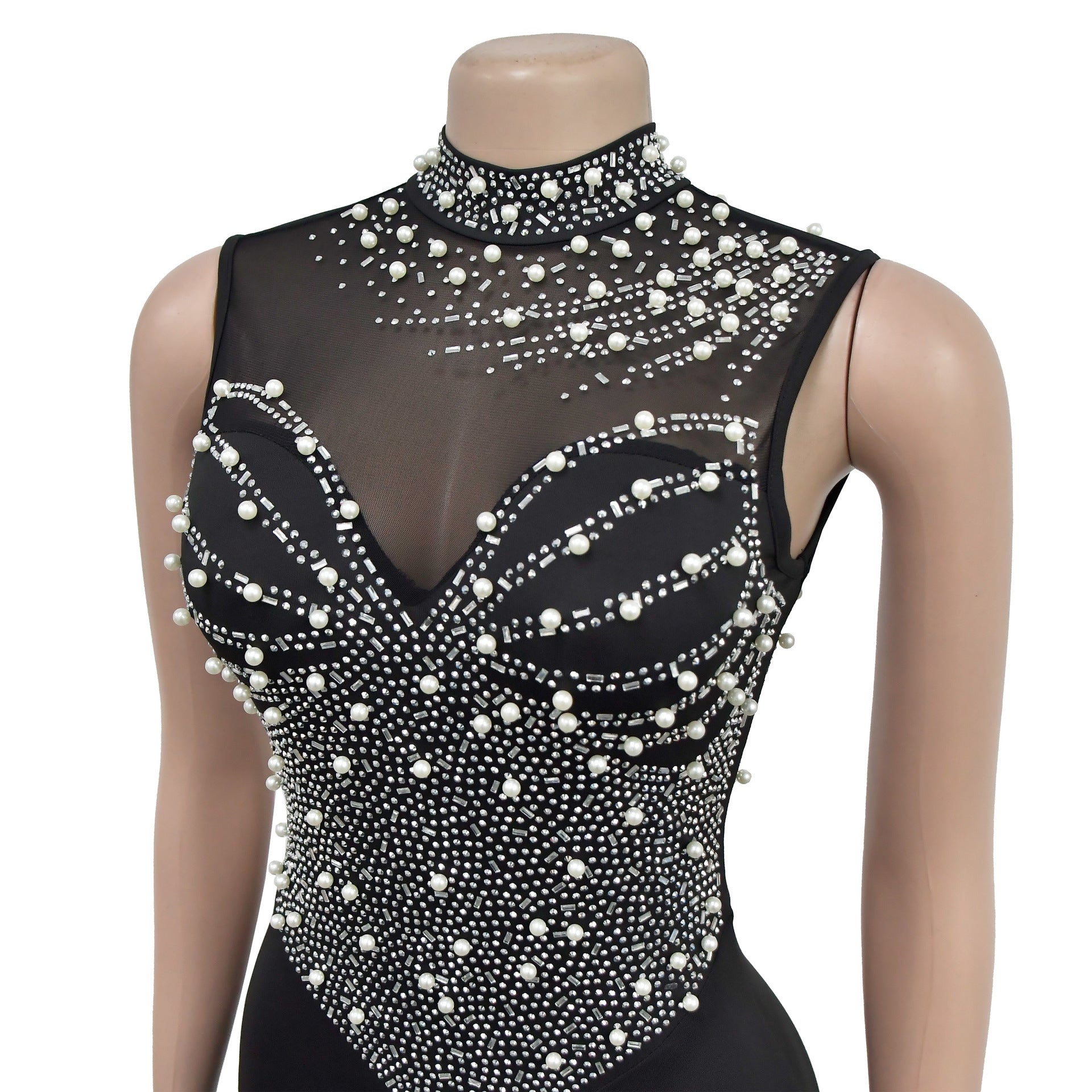 Fashion Women's Solid Color Beaded Mesh Sleeveless Long Dress 19