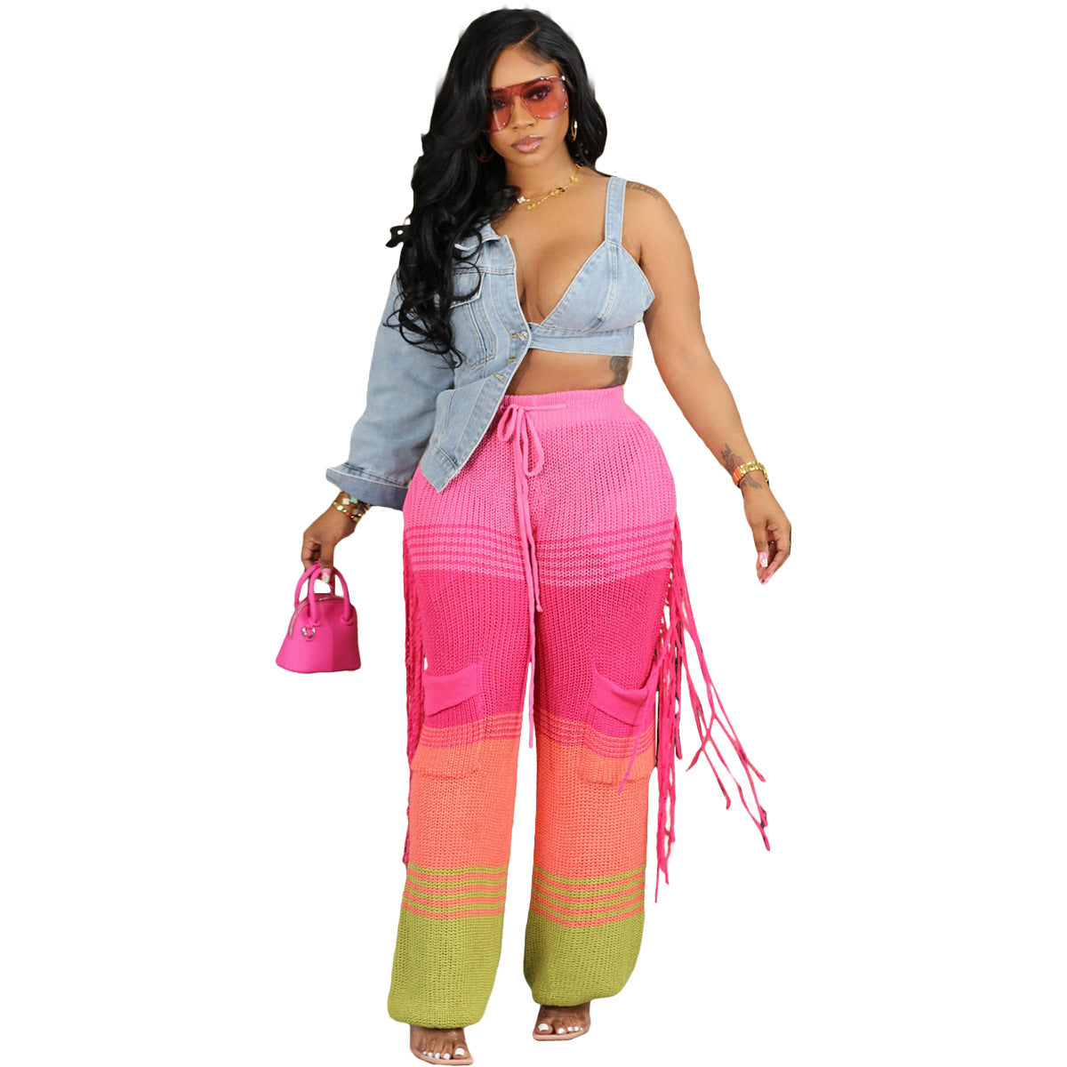 Women's Casual Style Knitting Colorblock Crochet Tassel Loose Straight Pants 7