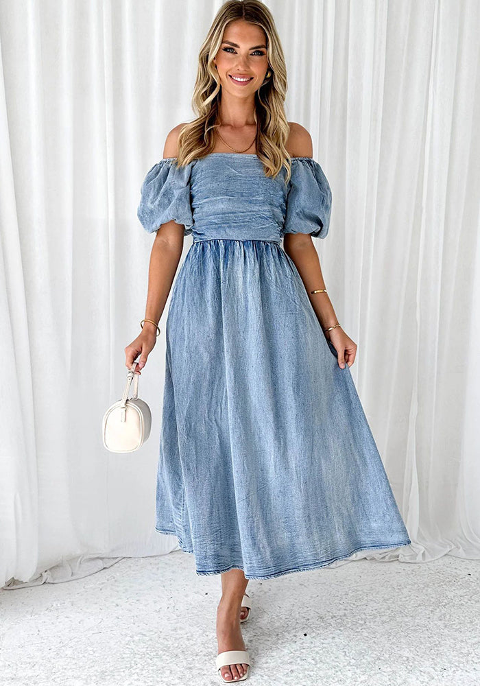 Summer Chic Elegant Puff Sleeve Slim Waist Denim Long Dress