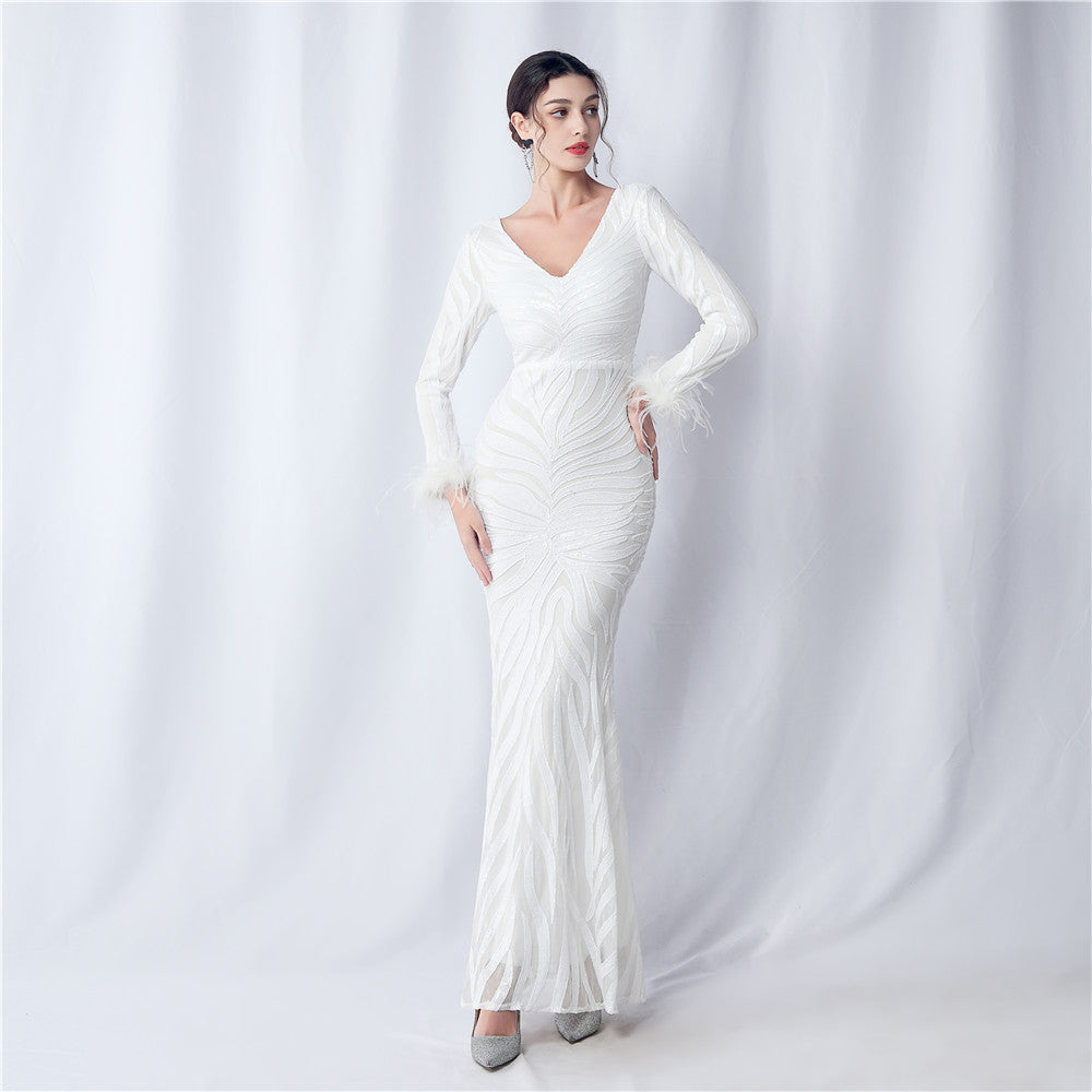 V-Neck Feather Long-Sleeved Sequined Evening Dress 11