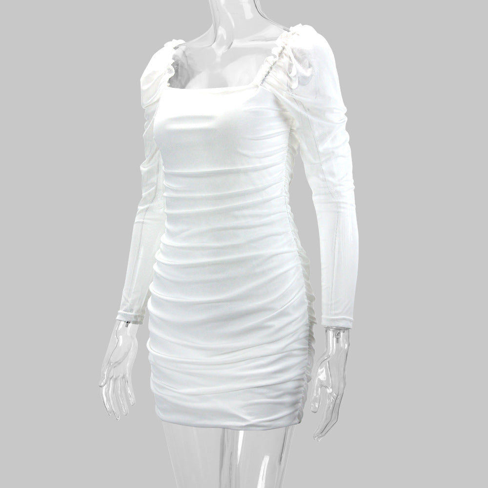 Spring Summer Women's Sexy Square Neck Mesh Long-Sleeved Bodycon Dress 15