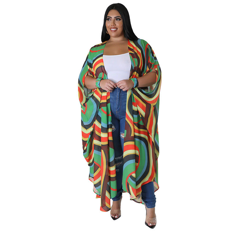 Plus Size Women's Fashion Printed Chiffon Cape Shirt 7