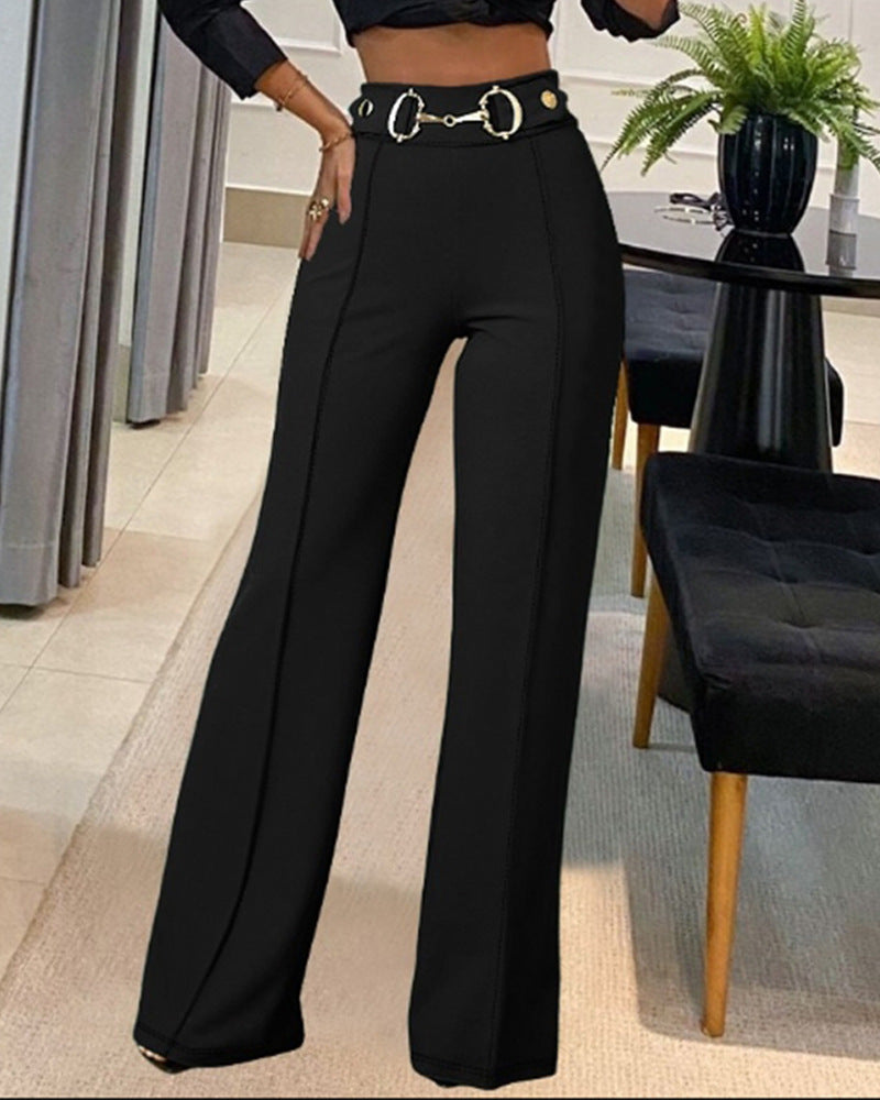 Spring and autumn Casual solid color high waist metal decoration straight trousers