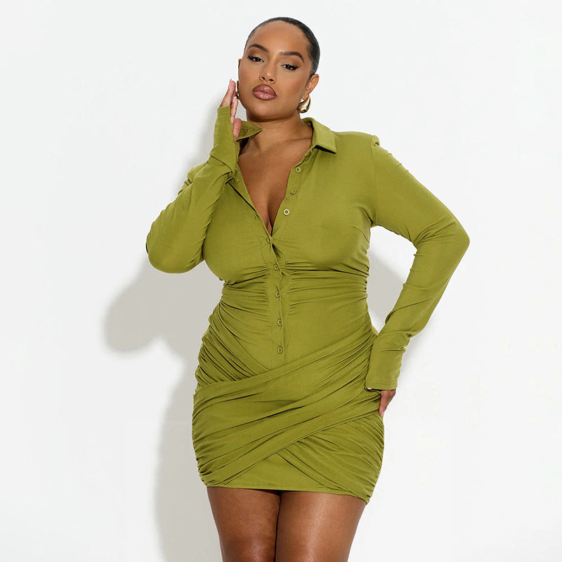 Women's Turn-Down Collar Button Long Sleeve Bodycon Short Dress