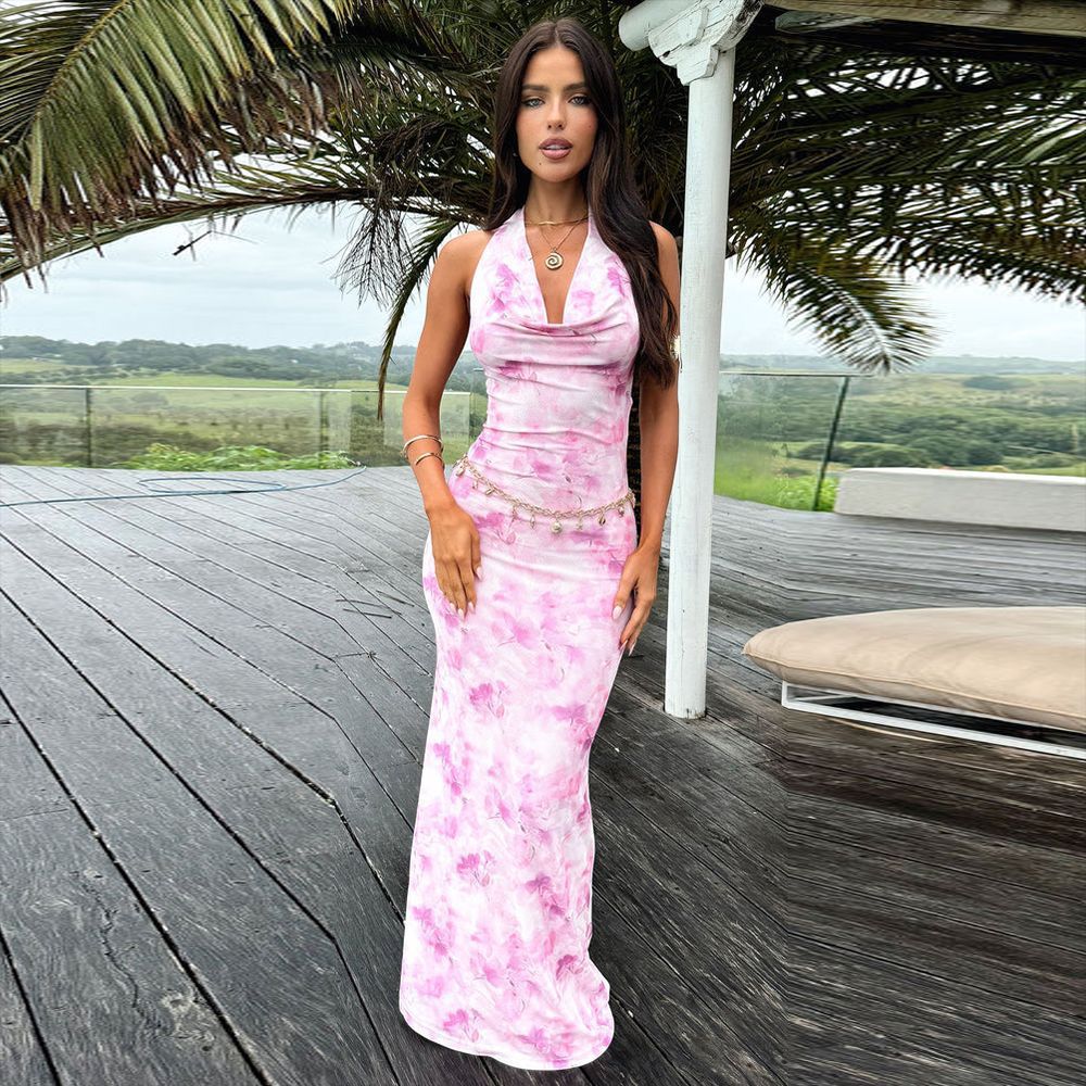 Womenƒ??s Summer Mesh Print Strappy Elegant Slim-Waist Long Dress 6