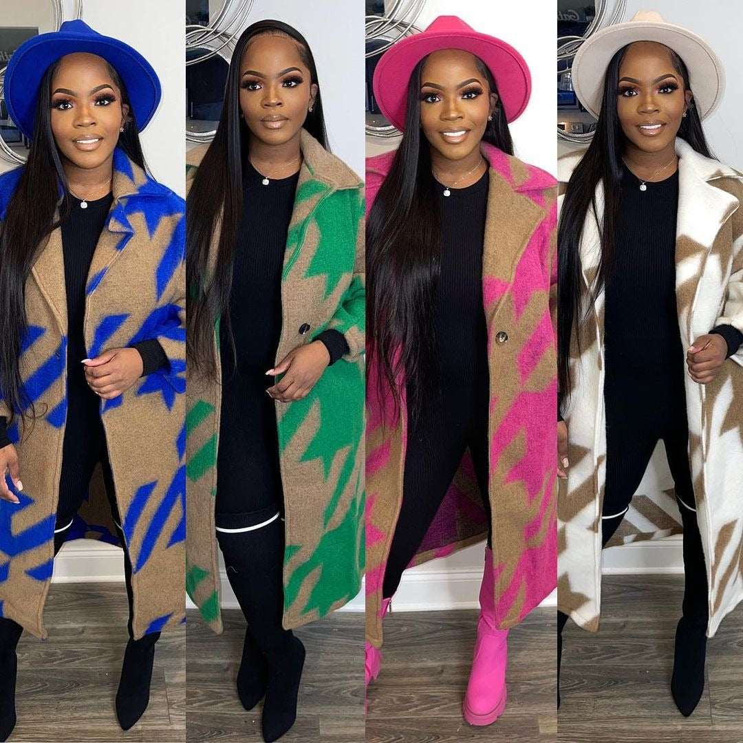 Women Color Block Long Sleeve Turndown Collar Print Jacket 9