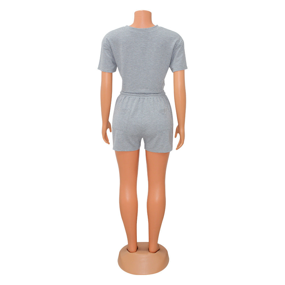 Women sports Casual Solid Crop Top and Shorts two-piece set 20